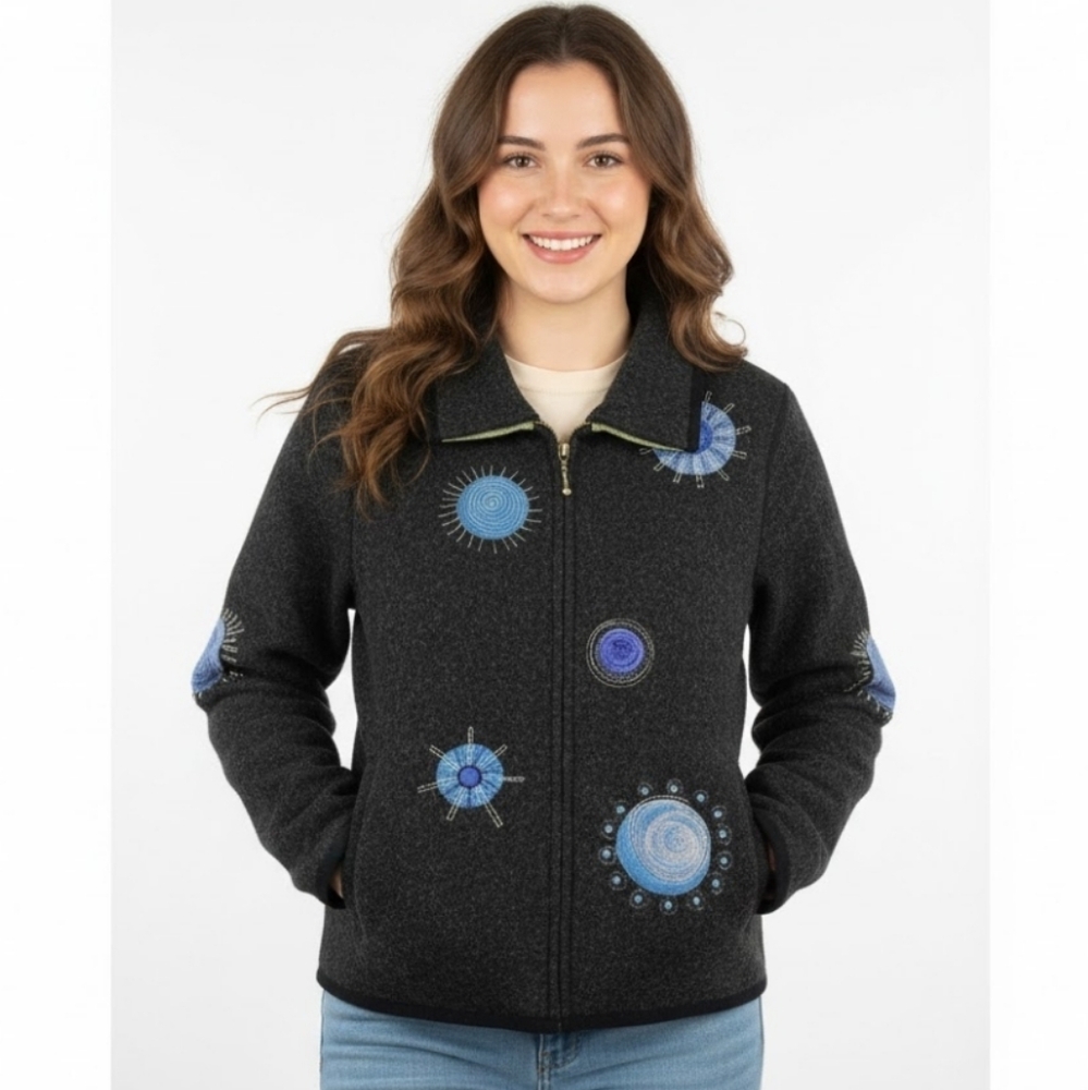 ICELANDIC DESIGN Wool Celestial‎ Embroidered Zip Jacket Charcoal Grey Small